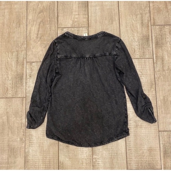 Style & Co Top XS Women Black Henley Mineral Wash Embroidered Floral Whimsigoth - Picture 2 of 8